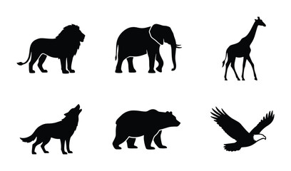 African Wildlife Silhouette Collection, Majestic Lion, Elephant, Giraffe, Wolf, Bear, Eagle Icons, Vector Animals Set for Safari and Nature Designs © Roksana