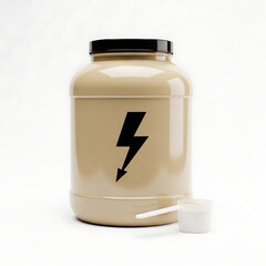 Obraz premium Protein powder container with lightning bolt logo and scoop
