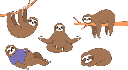 Fototapeta premium Cartoon Sloth Character Set in Different Poses, Including Relaxing, Hanging, and Yoga Poses