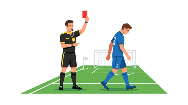 A soccer referee in a striped uniform brandishes a red card towards a dejected player leaving the green pitch in an outdoor sports stadium setting.