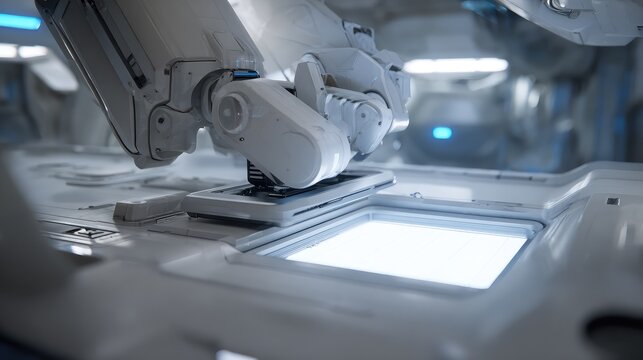 Robotic arm manipulating components on a sleek. Luminous workstation in a clean and advanced manufacturing facility. Symbolizing progress in automation. Precision engineering. And innovative research