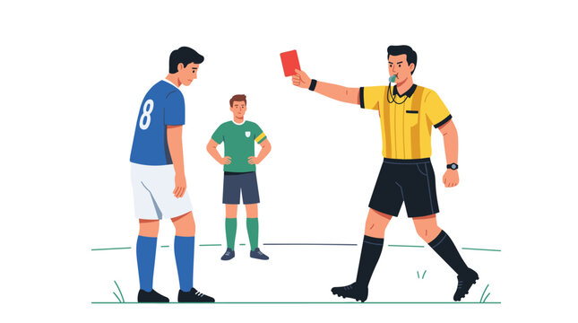 A soccer official displays a red penalty card to a player on the pitch during a match as another athlete watches from the grassy field background.