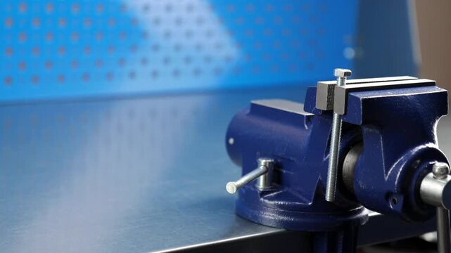 Metal vise fixed on a metal table.
