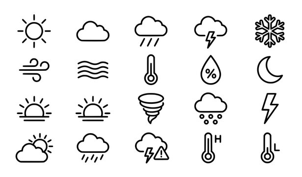 Minimal thin line weather icons set with clean outline symbols for forecast app and web UI design
