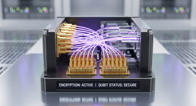 Quantum computing device displaying active encryption and secure qubit status in a high-tech laboratory.