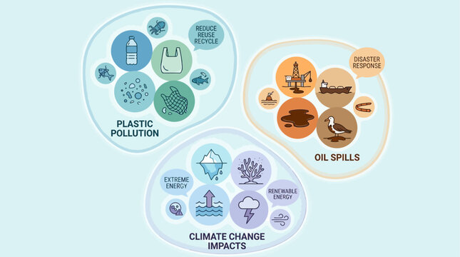 Comprehensive infographic detailing critical global environmental issues, their origins, and wide-ranging ecological impacts, emphasizing the urgency of sustainable solutions for a healthier planet