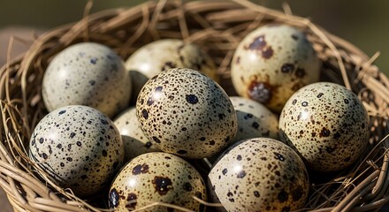 Obraz premium Speckled Quail Eggs Arranged in Rustic Straw Nest Outdoors