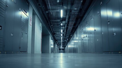 Fototapeta premium Interior of a long, dimly lit industrial corridor lined with numerous metal cabinets and electrical panels, featuring overhead utility conduits and futuristic fluorescent lighting