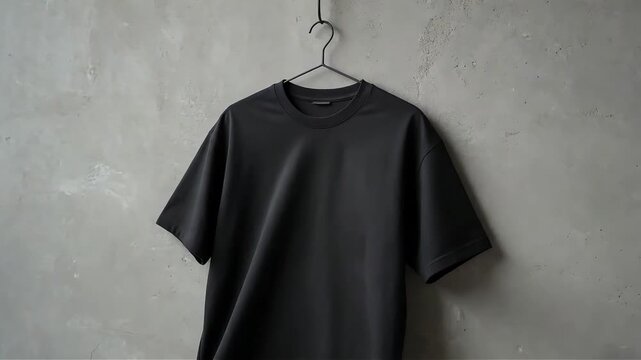 Minimalist black t-shirt hanging on a textured gray concrete wall