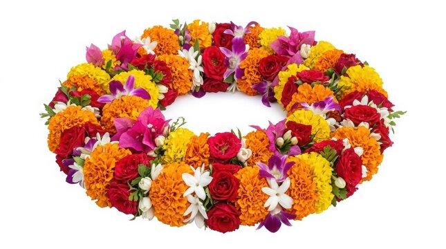 Traditional Indian flower garland with marigolds and roses, colorful floral wreath for Hindu festivals, vibrant orange and red blossom lei on white background