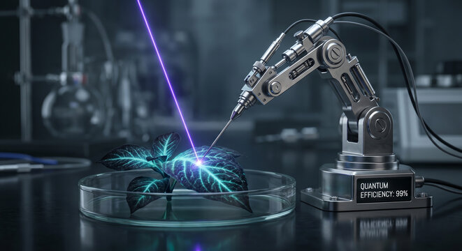 Robotic manipulator applies laser light to genetically modified plant leaf for enhanced quantum efficiency research.