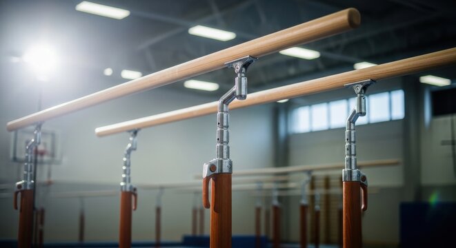 Polished wooden parallel bars ready for athletic training in a well-lit gymnasium