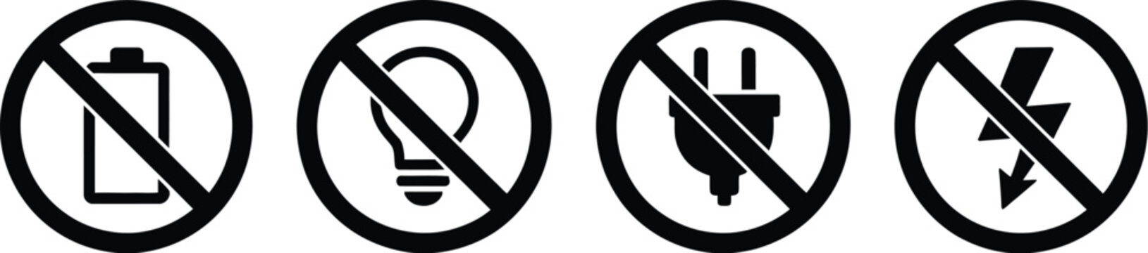 Electricity warning icon set, lightning prohibition blackout and power outage symbols representing hazard safety alert and energy failure concept in modern flat vector design.