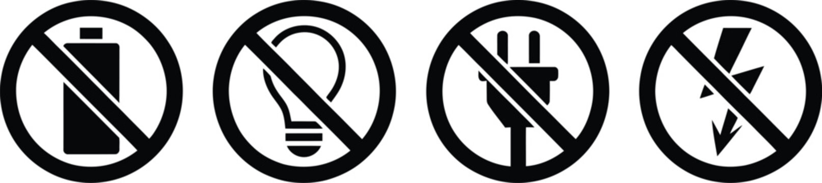 Electricity hazard icon set, clean vector illustrations featuring no lightning blackout and power cut warning symbols for safety alert and electrical system failure concept.