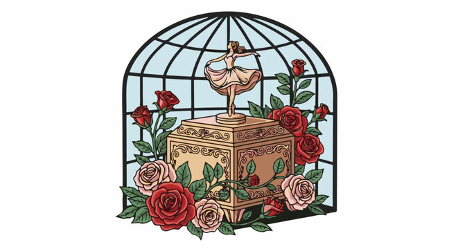 Ornate music box with ballerina and roses under arched window