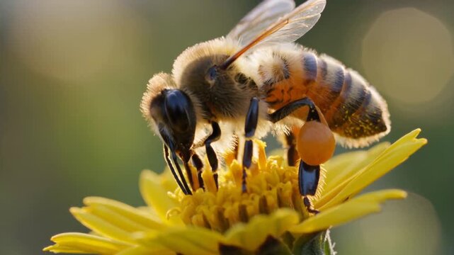 Honey bee collecting pollen on yellow flower high-quality professional detailed modern elegant stylish clean crisp vibrant colorful digital creative innovative