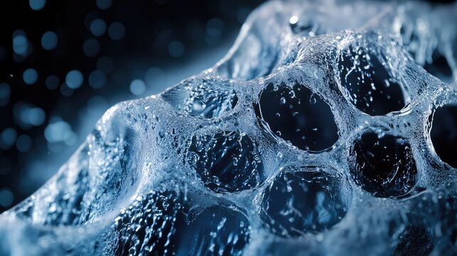 Water forms an intricate, textured cellular structure resembling a natural membrane or biological organism, with droplets and bubbles glistening against a blurred dark background