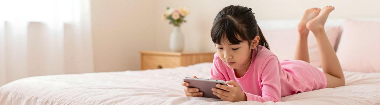 young girl bright pink outfit lies plush bed intensely focused smartphone screen warm