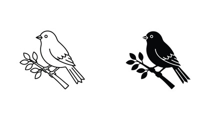 Obraz premium Small bird perched on a branch icon set in outline and solid black styles for nature conservation and ornithology concepts or wildlife education materials isolated on white background for design