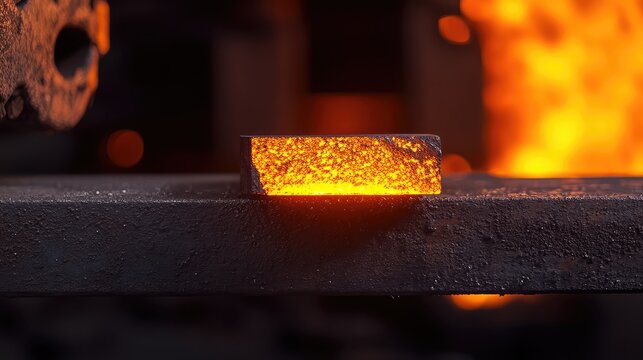Glowing hot steel billet sitting on a metal surface, preparing for the next stage in the metalworking process, with orange flames burning in the background