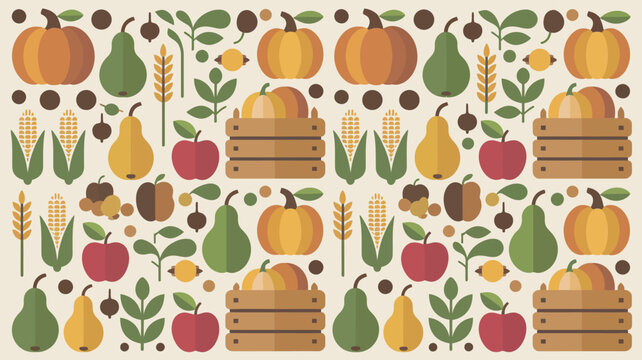 Autumn harvest fruits and vegetables arranged in seamless flat pattern