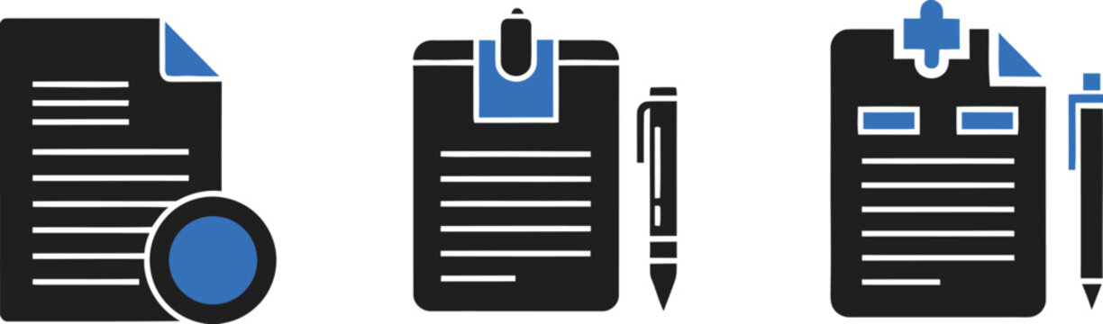 Medical document icons with clipboard and pen