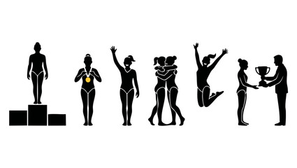 Obraz premium Gymnast Silhouette Set Winning Medal Award Victory Podium Celebration. Professional artistic gymnast athletes icons collection showing competition achievements, award ceremony and joyful victory poses