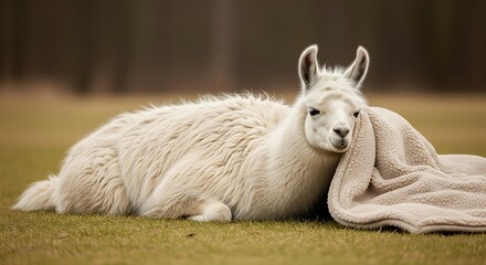 Fototapeta premium A fluffy white llama rests comfortably on a grassy field, its head nestled into a soft, beige blanket.