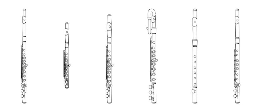 Flute instrument set line icons collection of orchestral woodwind instruments featuring silver concert flute, piccolo, alto and bass flute isolated silhouettes for music education, band and orchestra