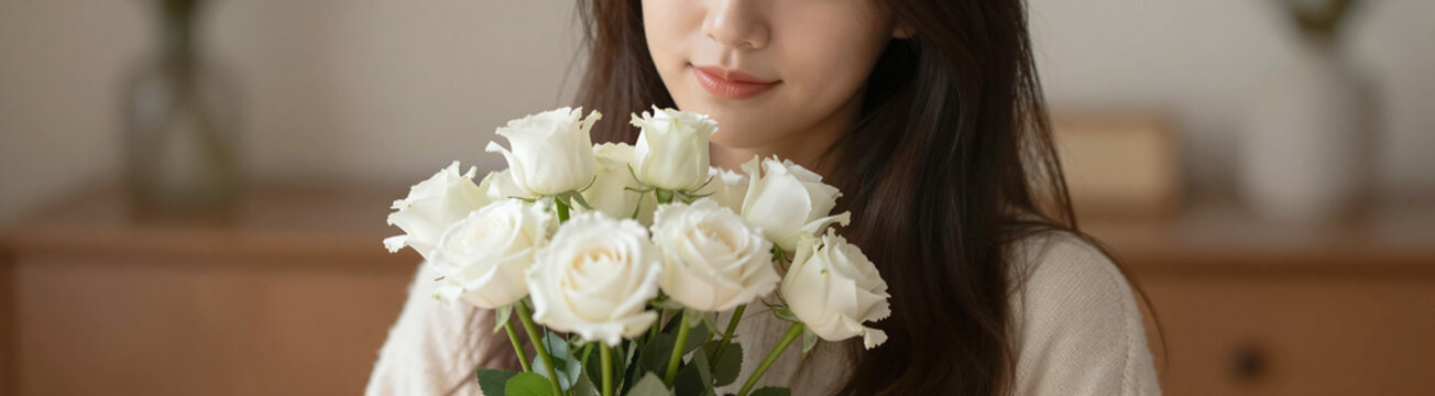 young woman radiant complexion long hair sits front blurred background cradling delicate bouquet pure white flowers