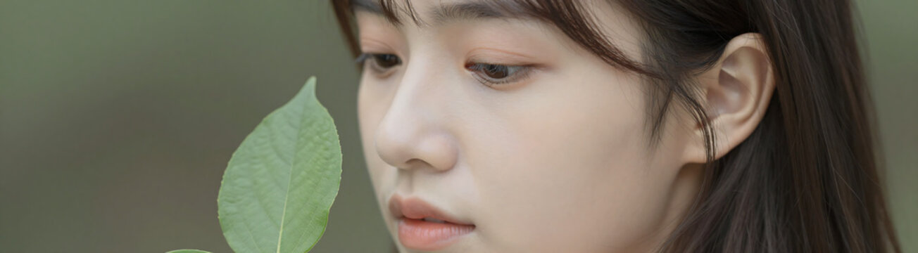 young woman serene face gently lit soft natural light flawless complexion juxtaposed delicate texture single green