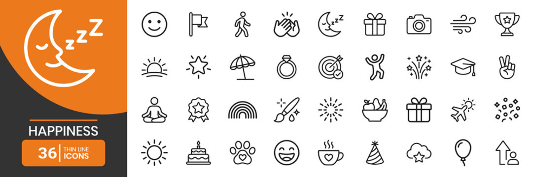 Happiness Lifestyle Well Being Thin Icon Set