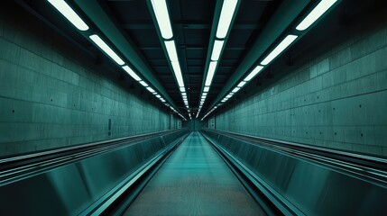Fototapeta premium Underground concrete tunnel offering a perspective view of parallel moving walkways with overhead fluorescent lights, creating a modern and symmetric travel environment for urban commuting