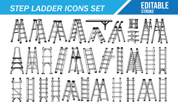 Step ladder icons set with folding ladders, extension ladders, construction access tools and maintenance equipment in outline style