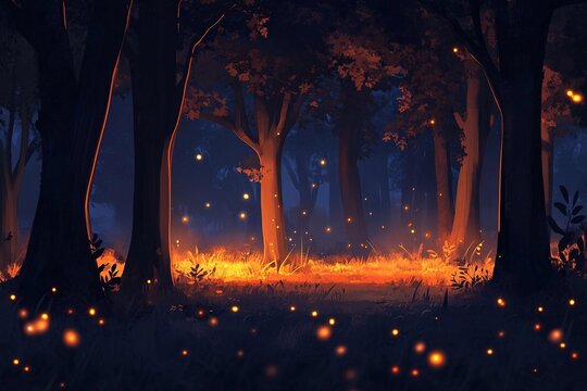 A dark forest at night, with fireflies glowing in the air and trees swaying gently in the breeze.