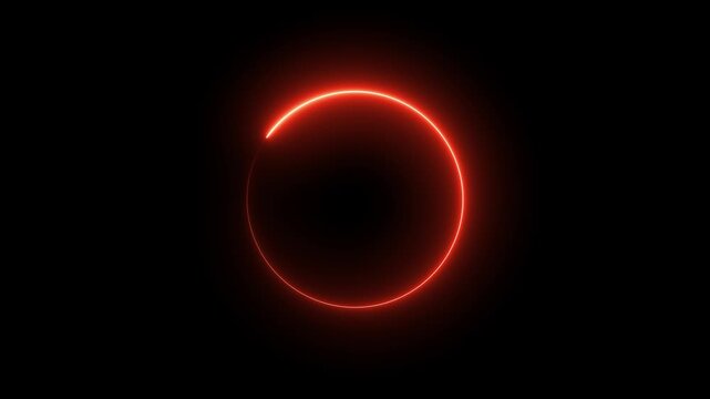 Abstract neon circle animation rotating and glowing against a dark background with futuristic digital.Bright pink neon glowing circle ring abstract background design element.Neon ellipse circle border