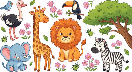 Fototapeta premium Cute African Safari Animals Cartoon Set with Happy Lion, Elephant, Giraffe, Zebra, Ostrich and Toucan for Kids Zoo Education, Nursery Wall Art and Tropical Nature Designs