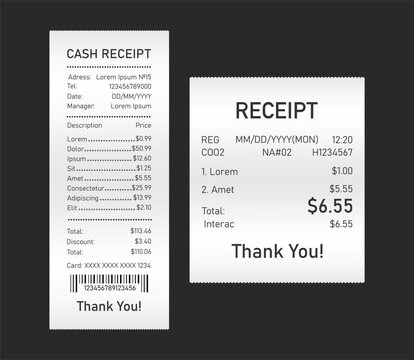 Sales Receipt. Realistic cash register sales receipt. Printout thermal rolled paper. Rolled, front view of bill. Vector illustration.