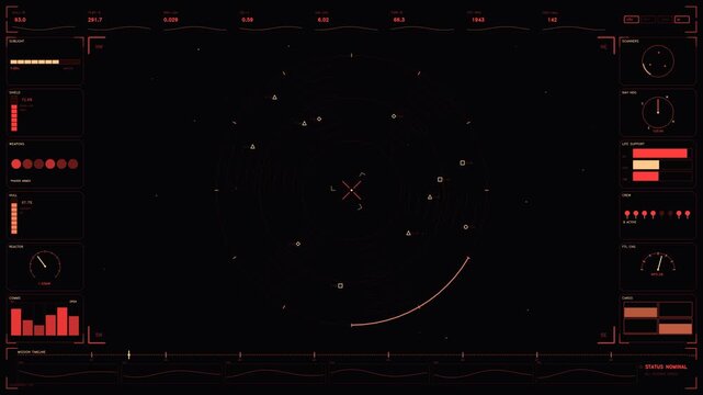 Futuristic red sci-fi spaceship cockpit HUD interface with tactical radar and telemetry data display
