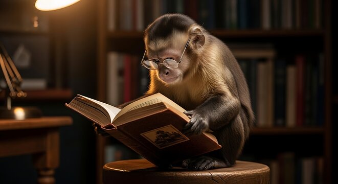 A wise capuchin monkey wearing glasses intently reads an old book in a dimly lit library.