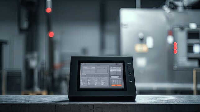 Modern industrial hmi touch screen displaying real time process data for automated manufacturing control, efficiency and monitoring in a blurred factory production facility background