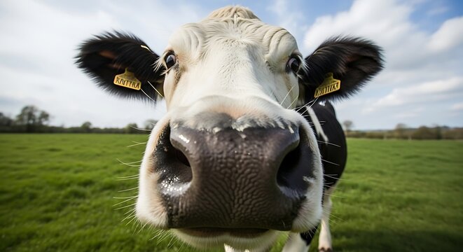 A close-up, low-angle shot of a black and white Holstein Friesian cow's face in a green pasture under a blue sky.