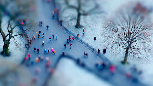 Winter city park in miniature tilt-shift effect. Tiny people walking on snow-covered paths and ice. Conceptual toy world of urban winter life, seasonal leisure, outdoor recreation. December, January.