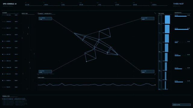 Sci-fi HUD mission control console featuring telemetry data diagnostics and spacecraft cruiser schematic