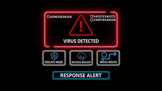 Cybersecurity alert virus detected warning notification with isolate node initiate backup and career promotion icons on black background digital technology concept. 4k video