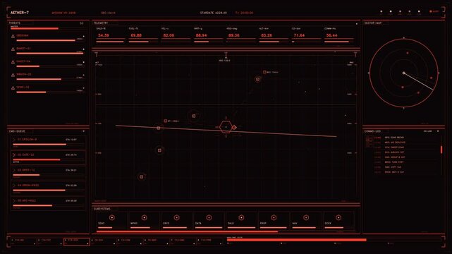 Futuristic red tactical HUD interface display with mission telemetry and radar data visualization