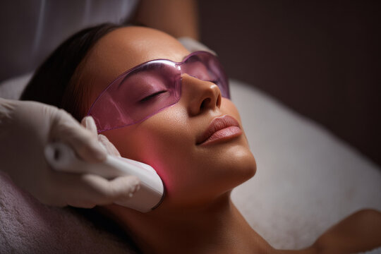 Hair removal clinic treatment for woman with laser goggles and aesthetician in a clinic