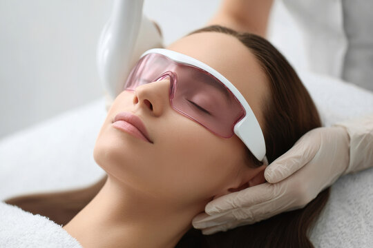 Hair removal clinic treatment for woman with laser goggles and aesthetician in a clinic