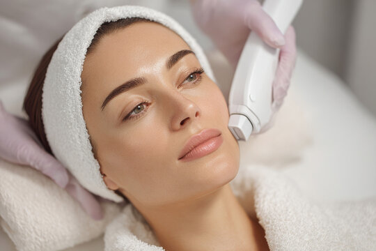 Hair removal clinic treatment for woman with laser goggles and aesthetician in a clinic