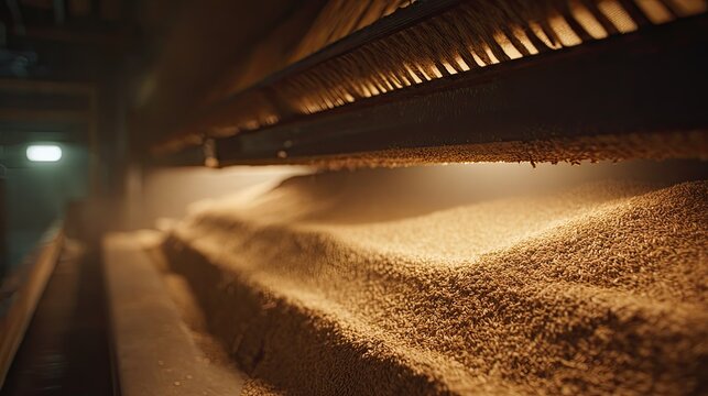 Grains are accumulating on a large pile on a conveyor belt, with more grains falling from an overhead mechanism, creating a continuous flow in an industrial agricultural setting